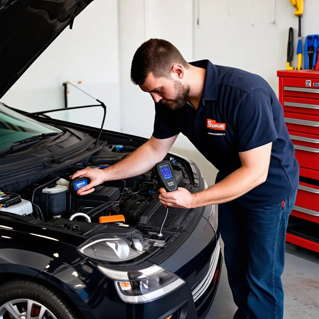 Mechanic using a diagnostic tool on a car.