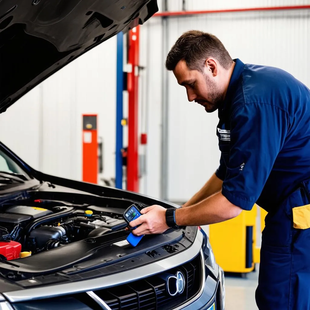 Mechanic analyzing car diagnostics with a diagnostic tool