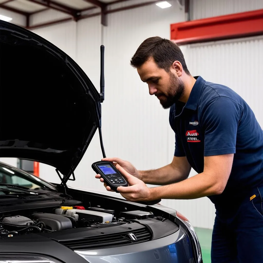 Mechanic using Autel X Star with external antenna on a car