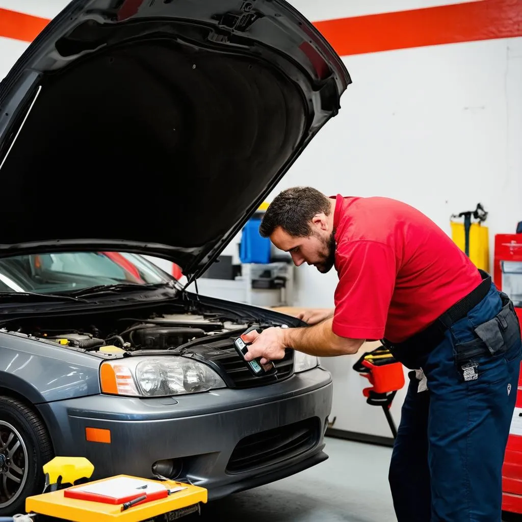 Mechanic working on car diagnostics