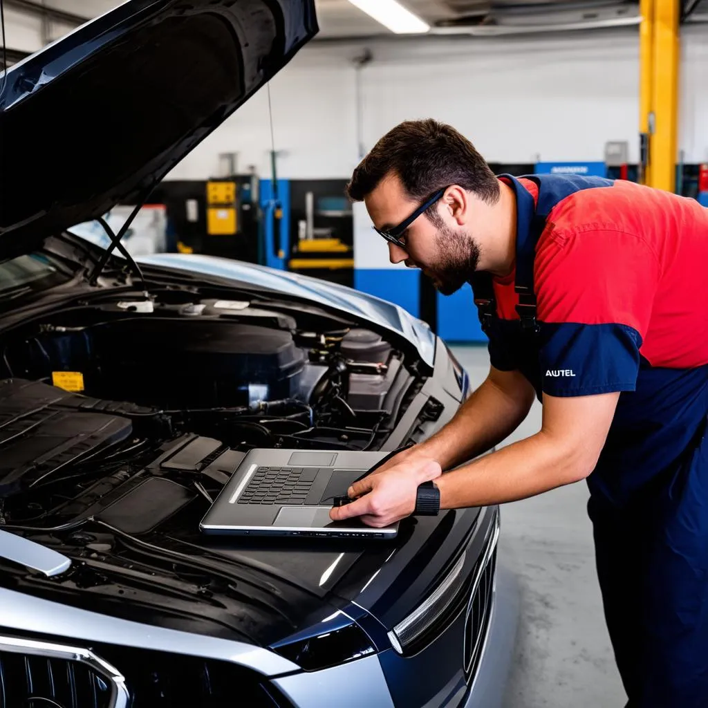 A mechanic analyzes diagnostic data from the Autel AL615 on his laptop.