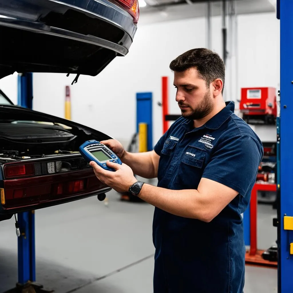 Mechanic using a diagnostic tool on a car