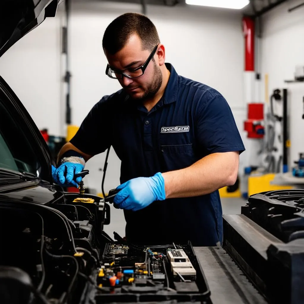 Mechanic working on a car's electronics with a focus on safety and precision