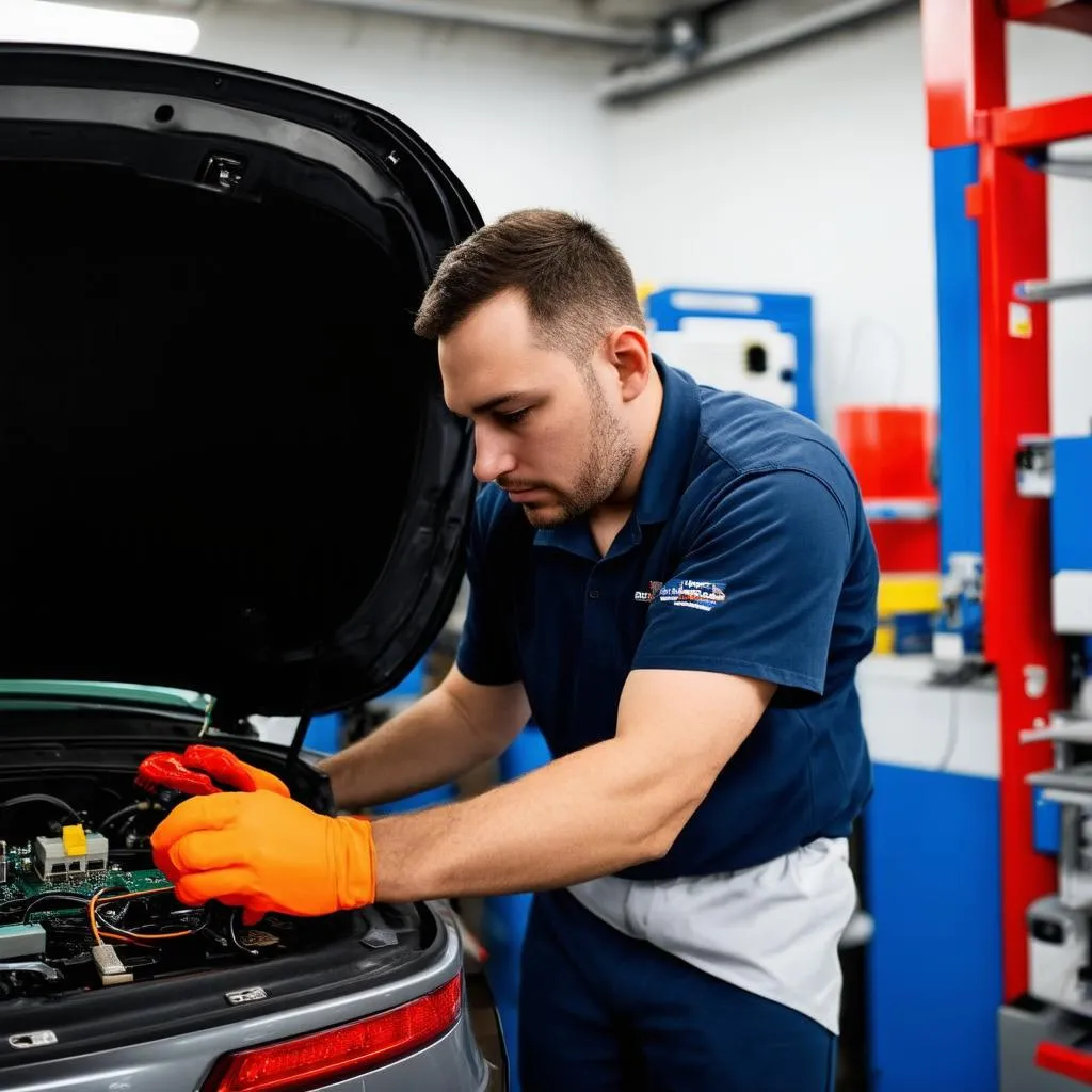 Mechanic working on car electronics