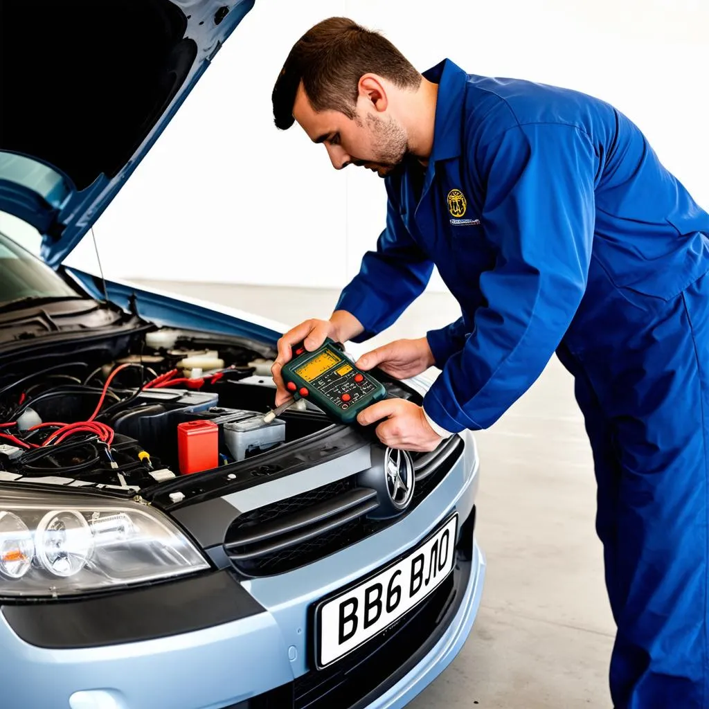 Mechanic working on car electronics