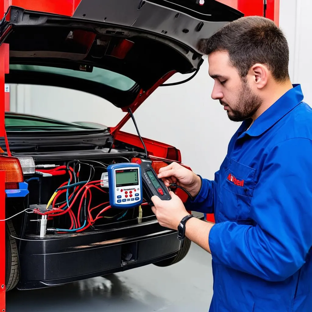 Mechanic working on car electronics with the help of the Autel MaxiCheck DC Power Supply