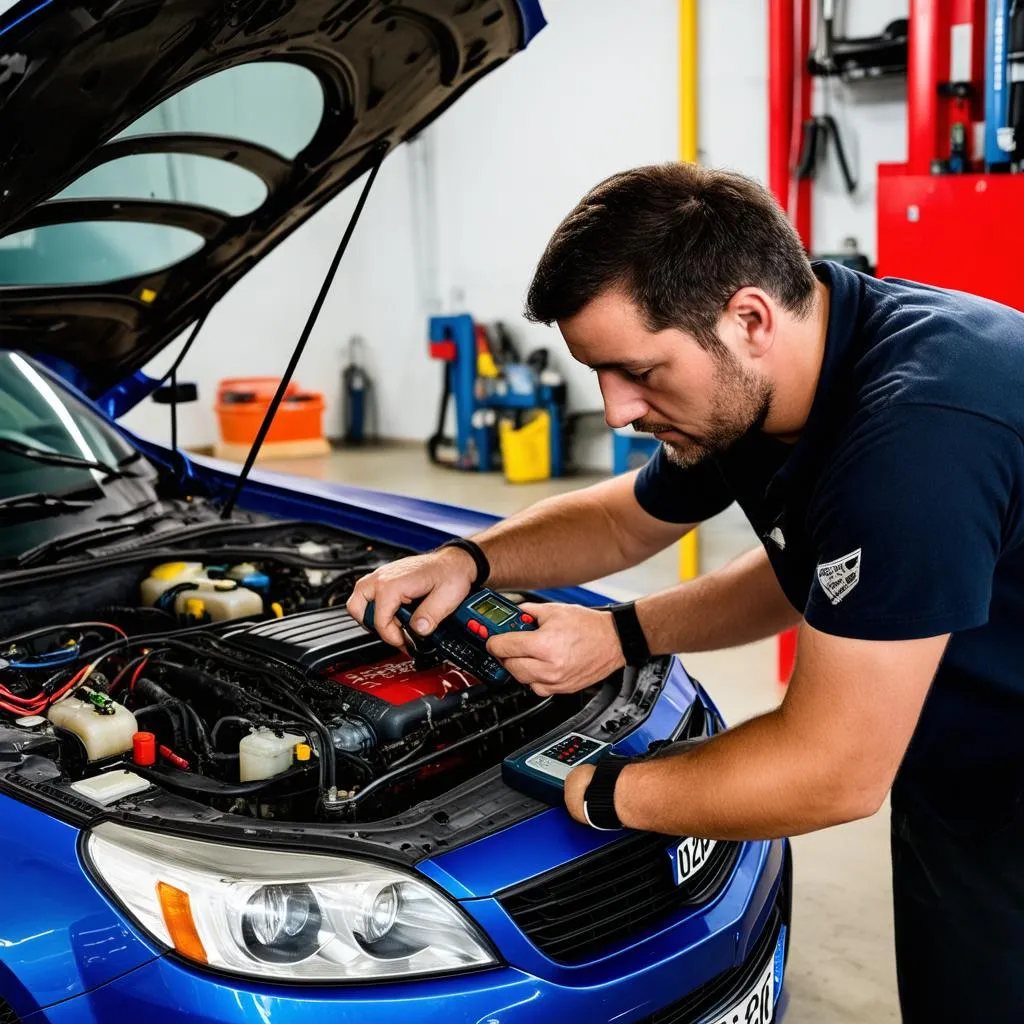 Mechanic working on car electronics with multimeter