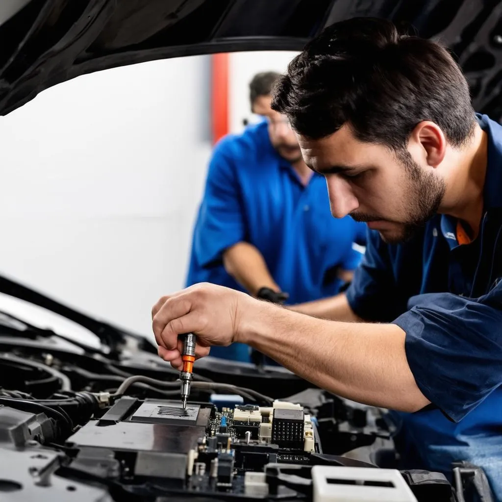 Mechanic Diagnosing Car Electronics