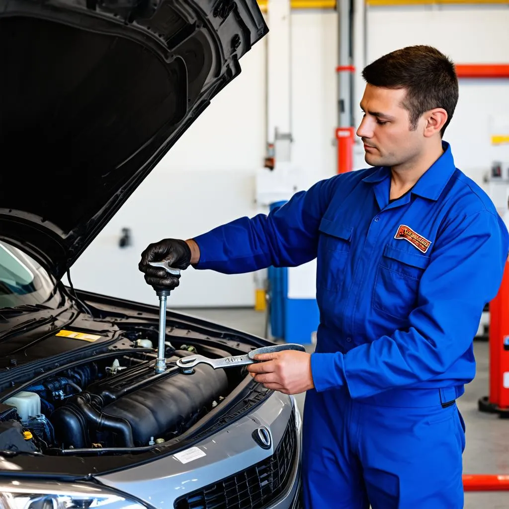 Mechanic working on a car engine