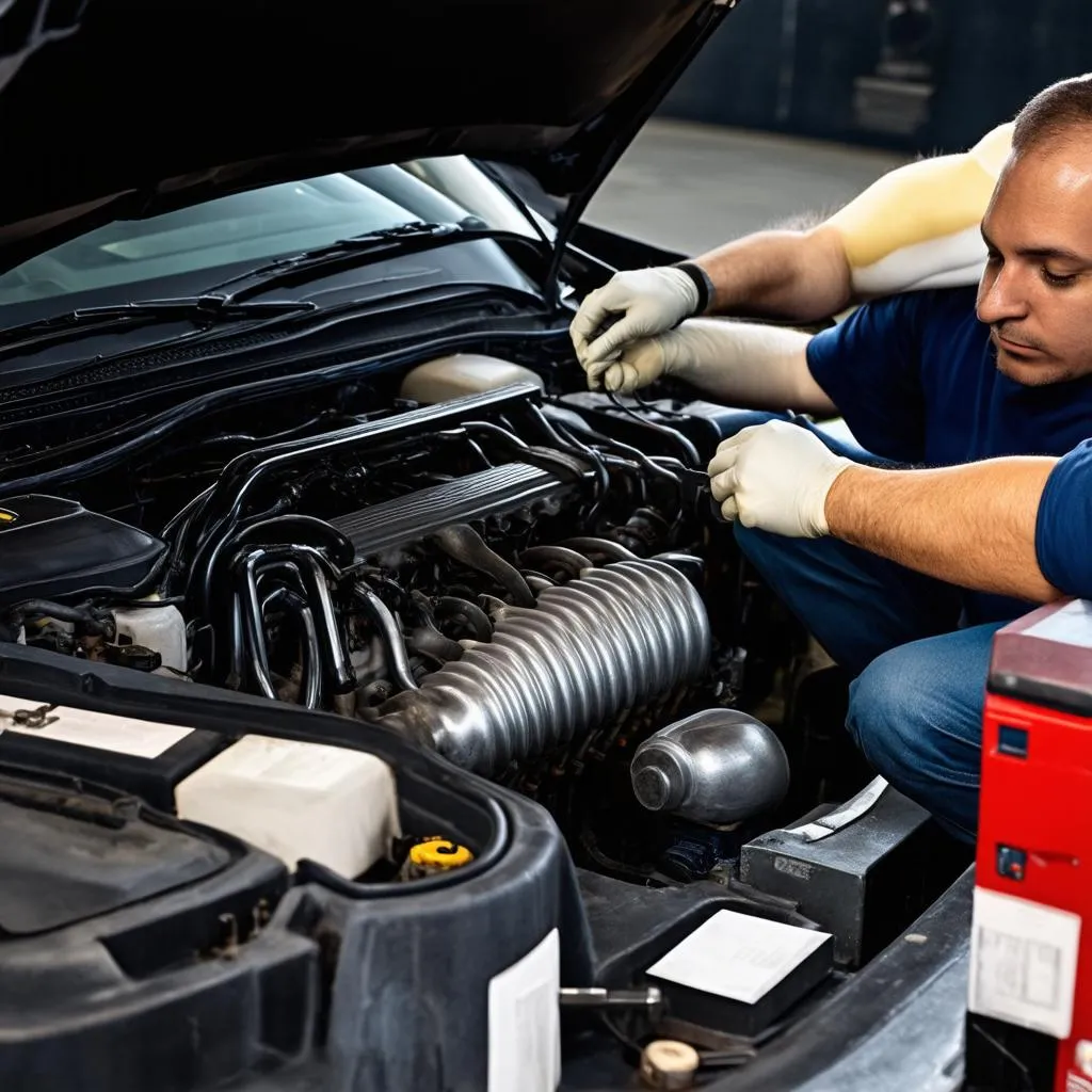 Mechanic working on car engine