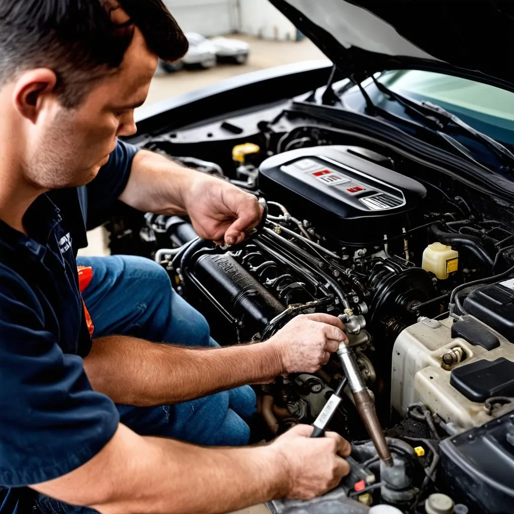 Mechanic Working on a Car Engine