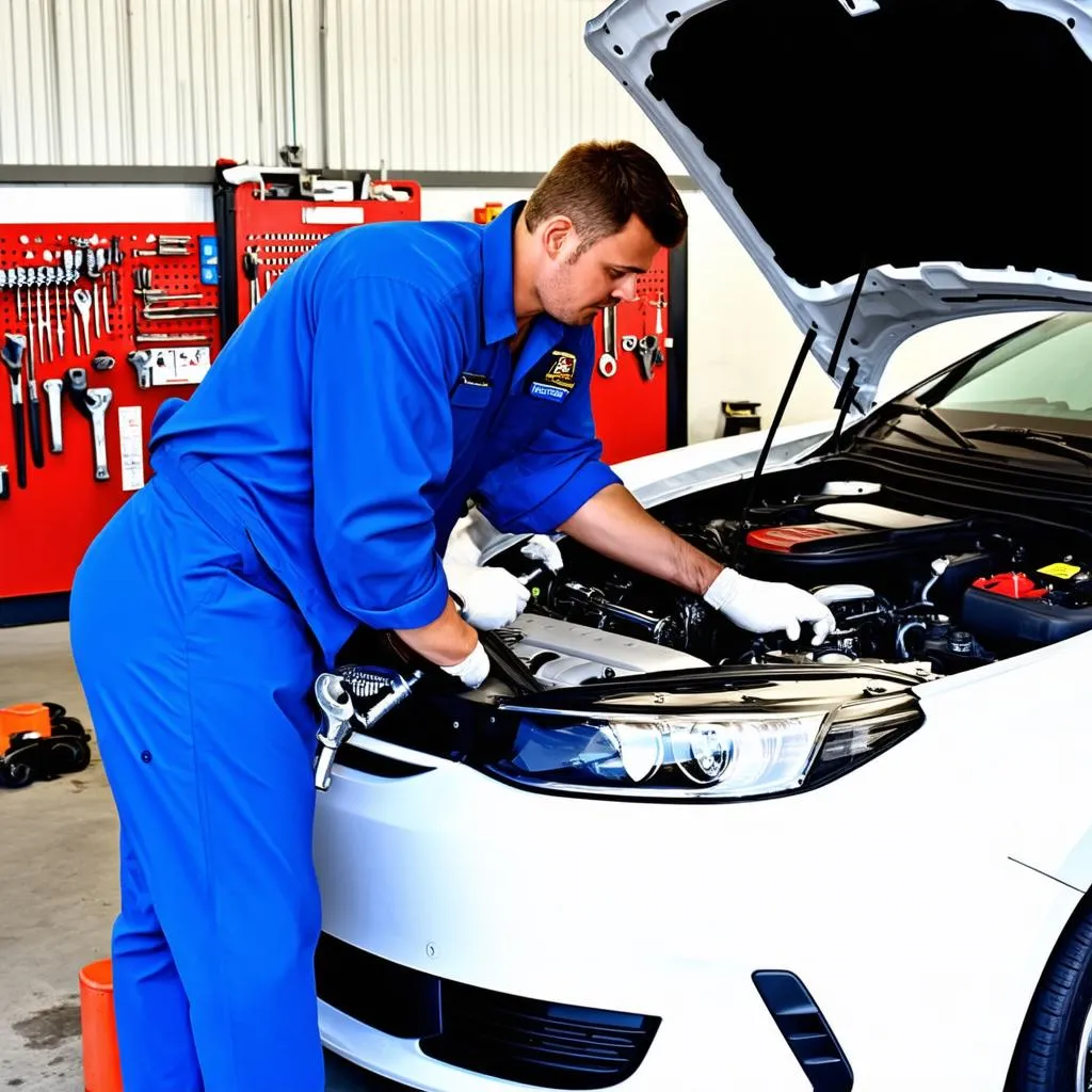 Mechanic Working on a Car Engine in a Repair Shop