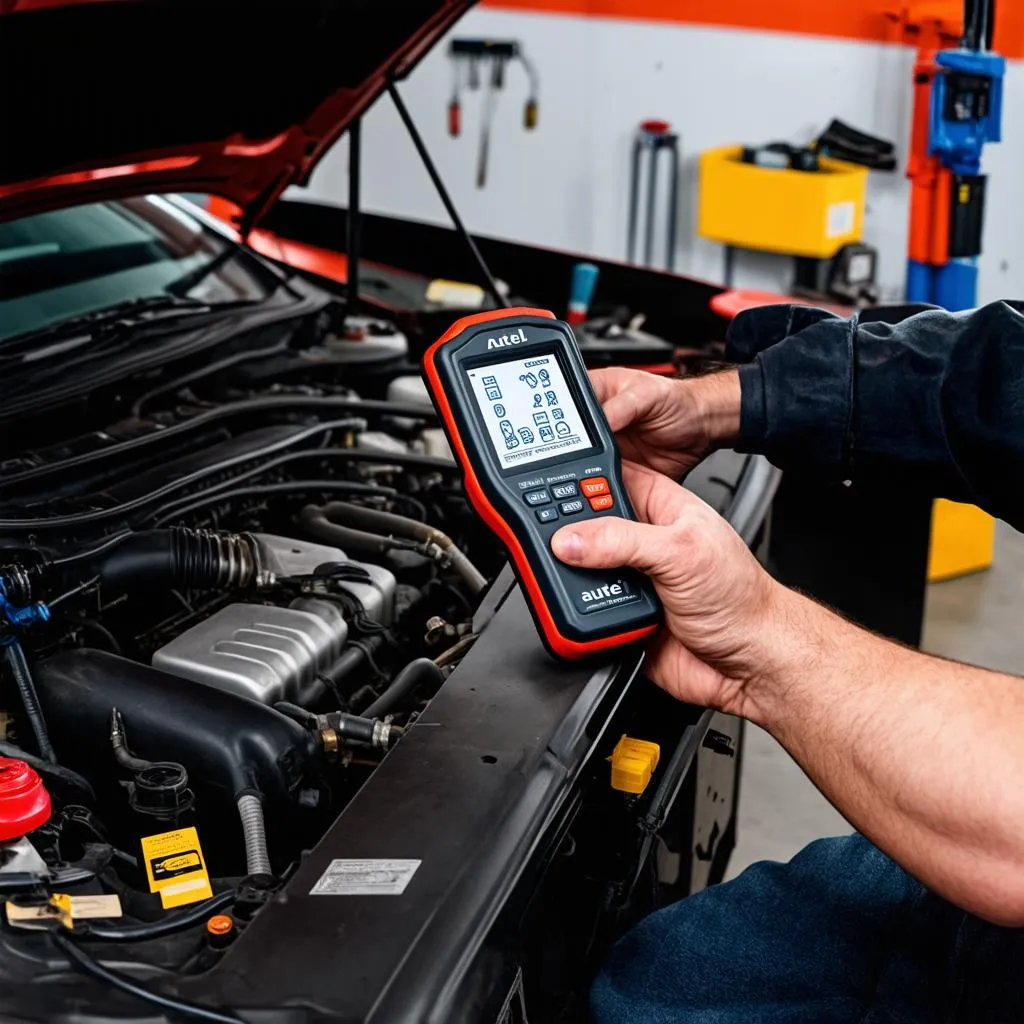 Mechanic diagnosing a car engine with Autel scanner