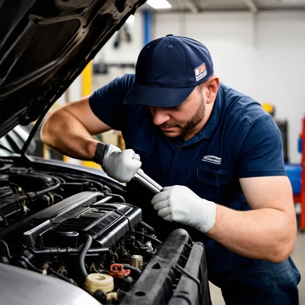 Mechanic Working on Car Engine