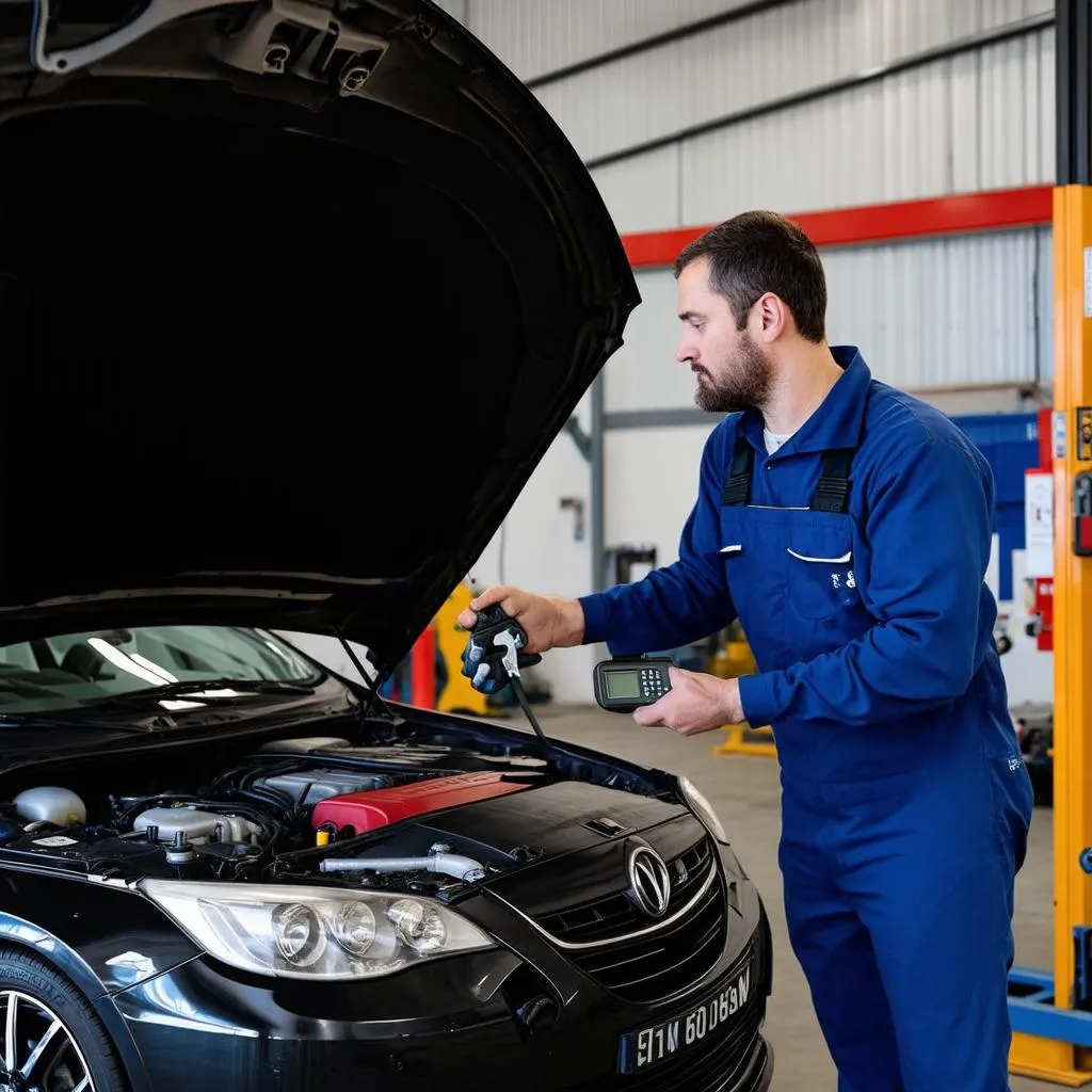 Mechanic diagnosing car engine issues with diagnostic tool