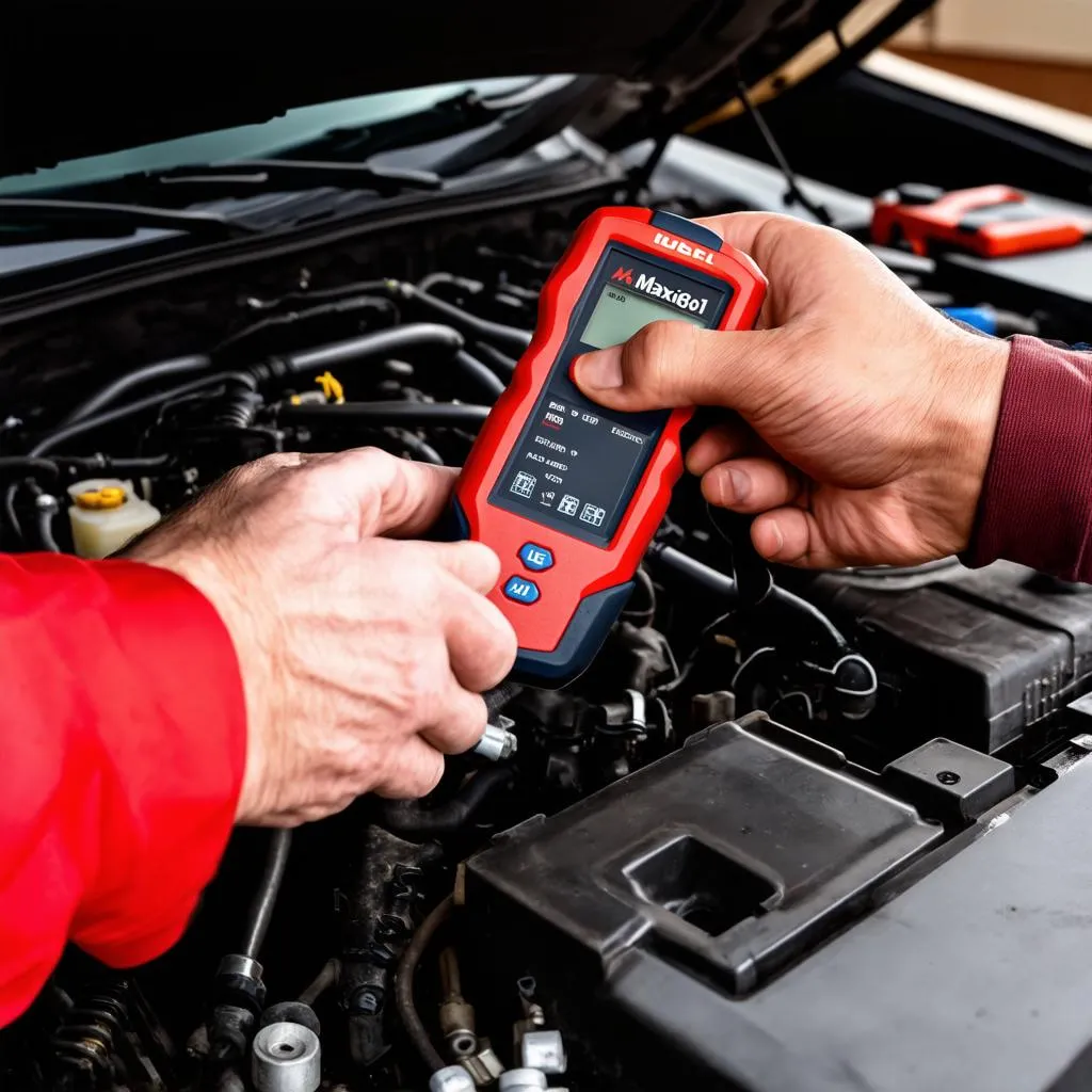 Mechanic Working on Car Engine with Autel MaxiDiag