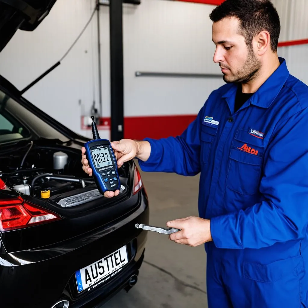 Mechanic Working on Car Engine with Autel Scanner