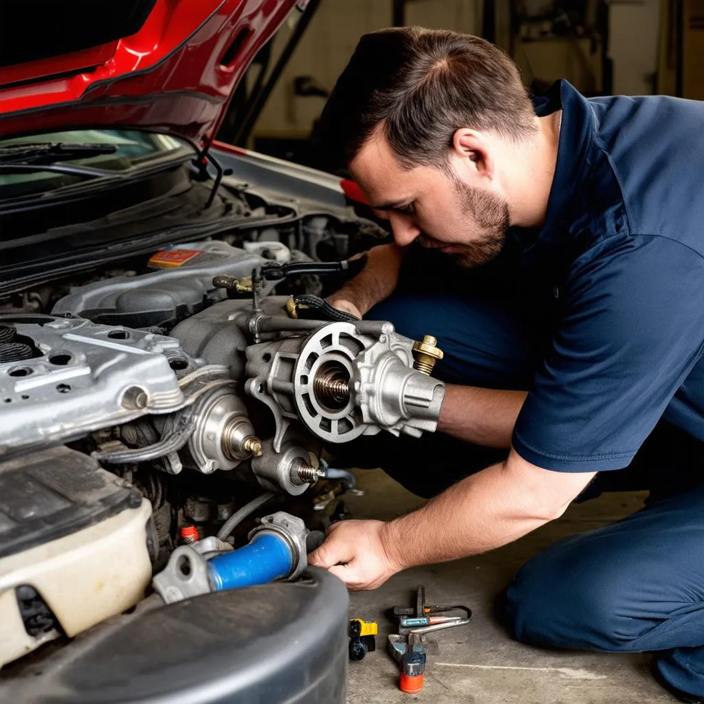 Mechanic working on a car starter