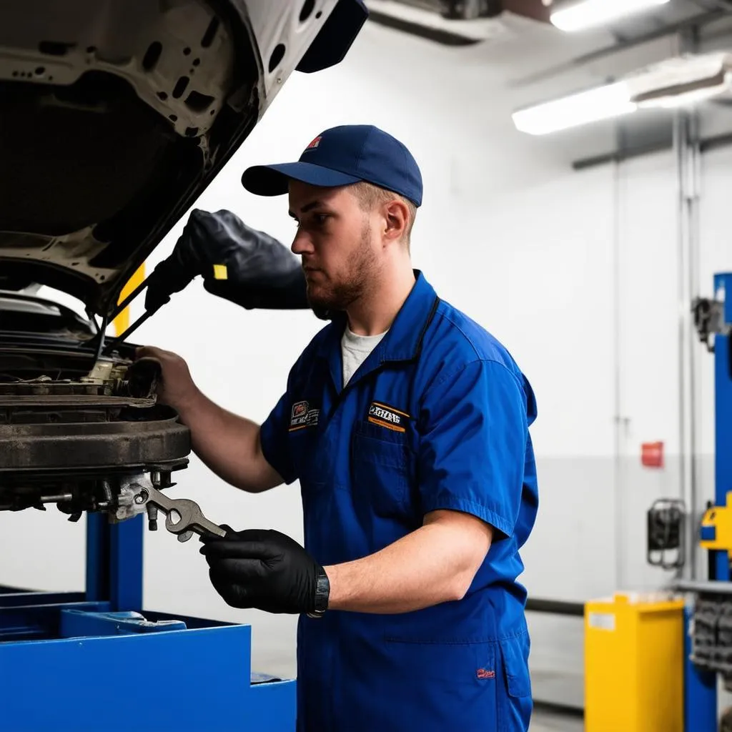 Mechanic Working on Car Steering System