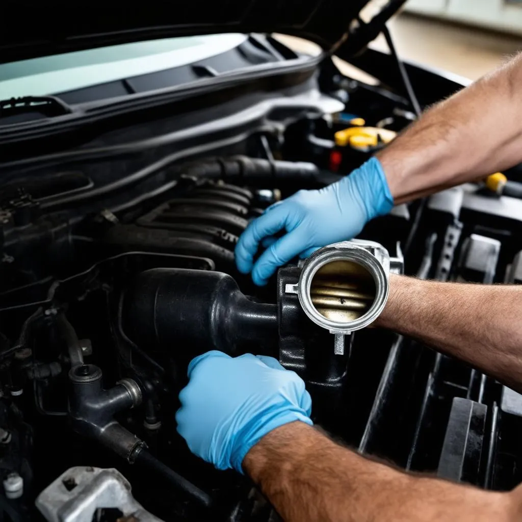 Mechanic inspecting car throttle body