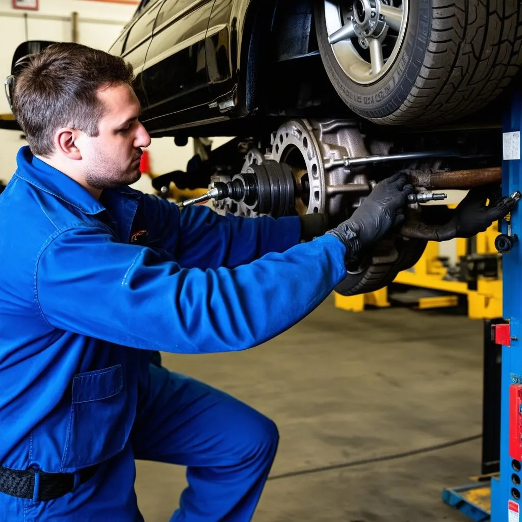 Mechanic working on a car transmission in an auto repair shop.