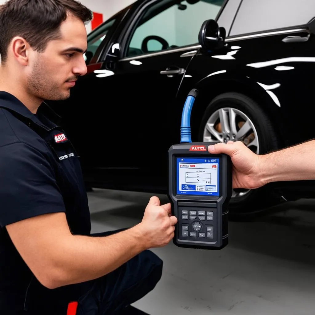 Mechanic using Autel X-Star Premium on a car