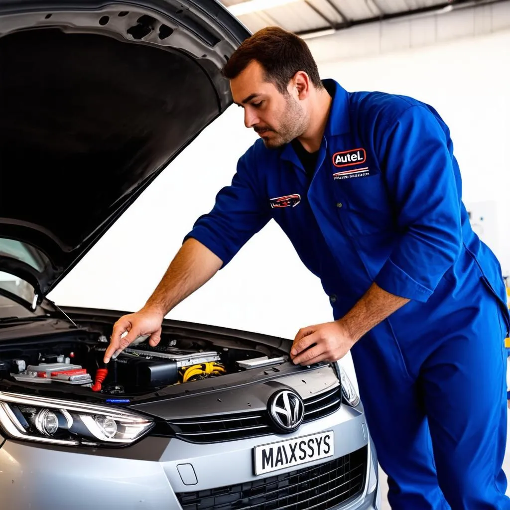 Mechanic using Autel MaxiSys Mini on a car