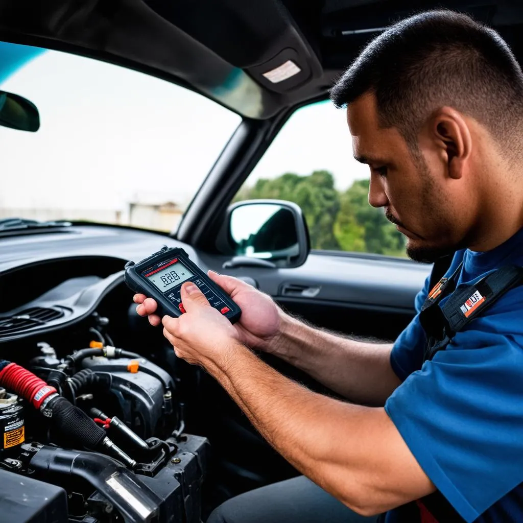 Mechanic using Autel MaxiSys MS909EV on a car