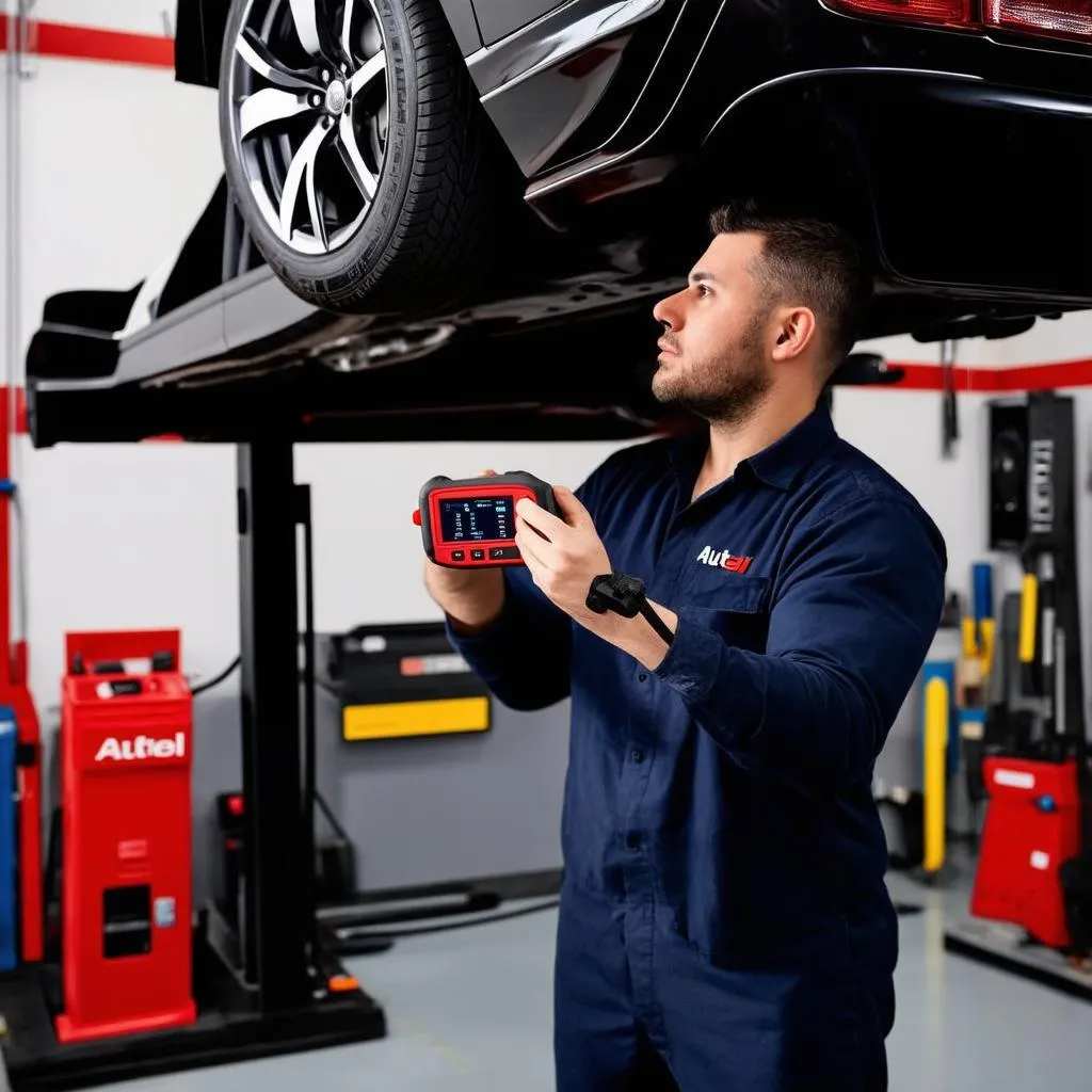 Mechanic using Autel MK808 on a car