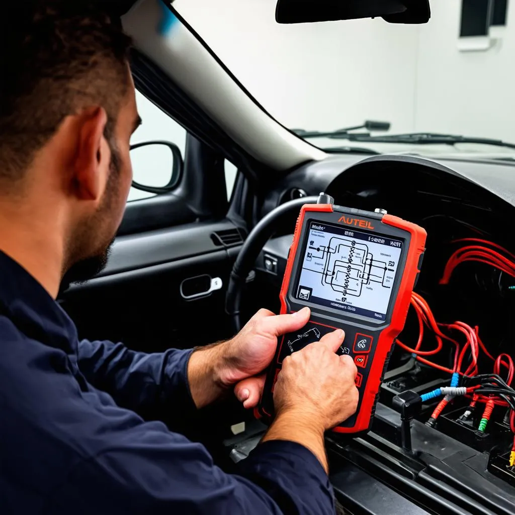 A mechanic is using the Autel MaxiSys MS808TS to diagnose a car's electrical system