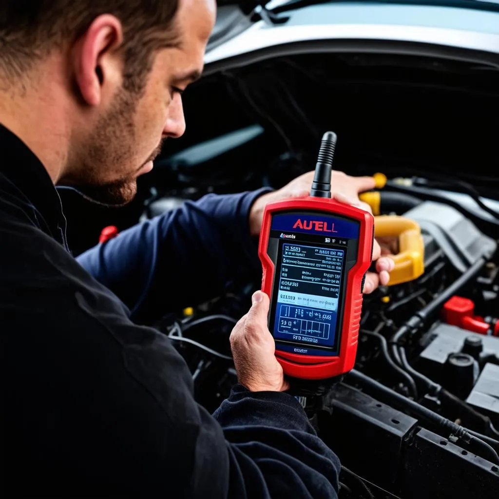 Mechanic using Autel scanner to diagnose a car's engine