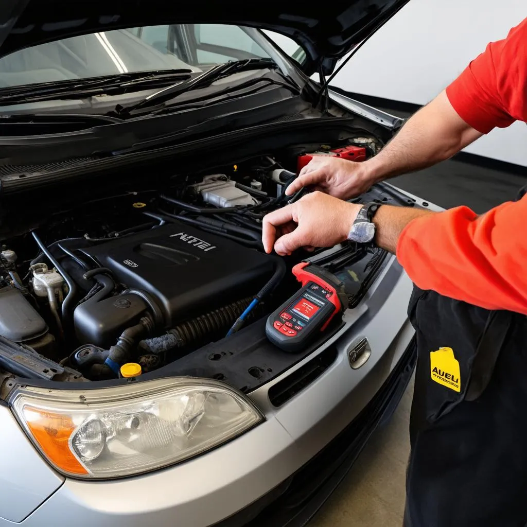 Mechanic Using Autel Scanner on a Car