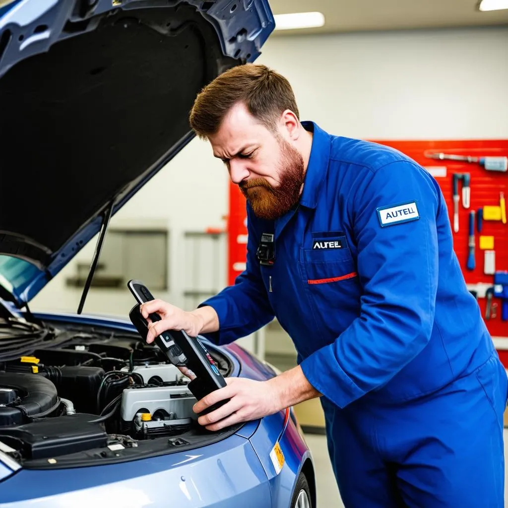 Mechanic using Autel Scanner on Car