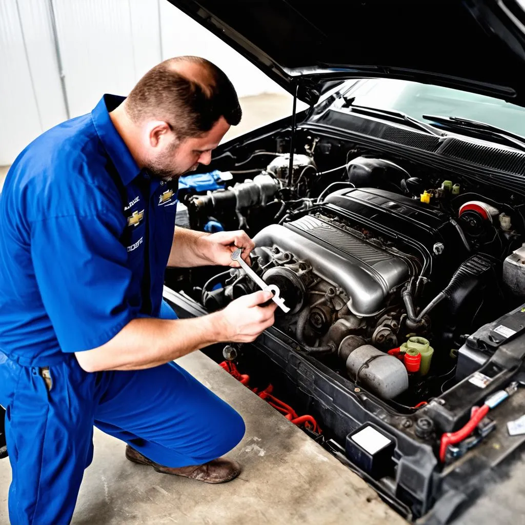 Mechanic working on a Chevrolet engine