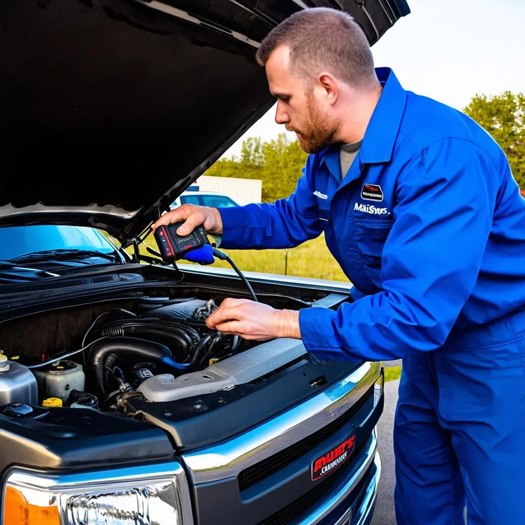 Mechanic Using Autel MaxiSys on Cummins Engine