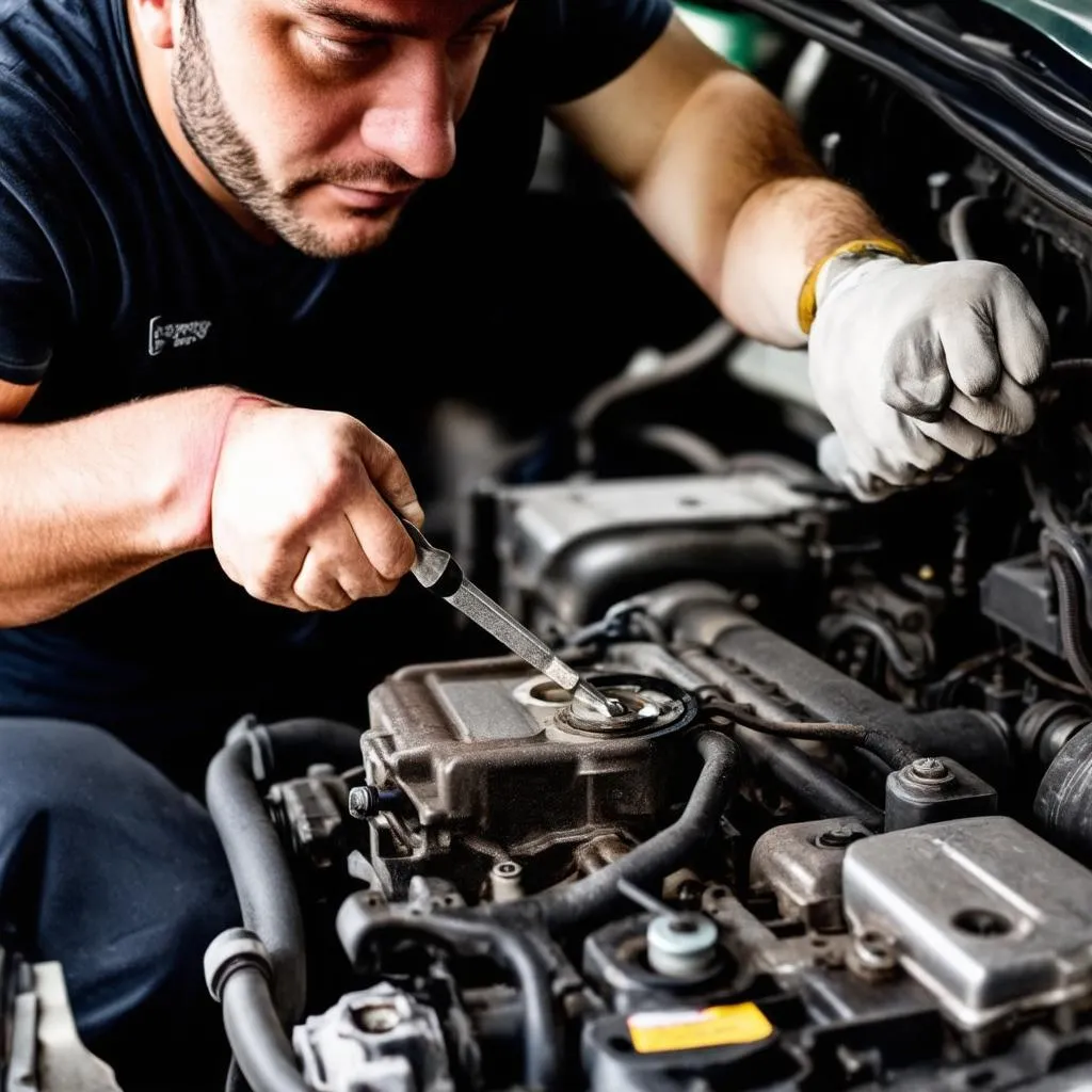 Mechanic Working on Engine