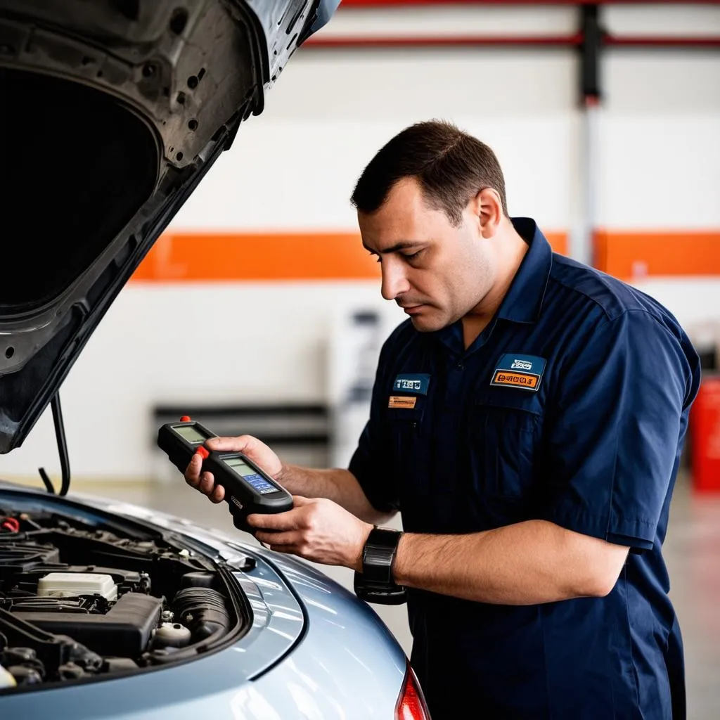 Mechanic diagnosing a European car