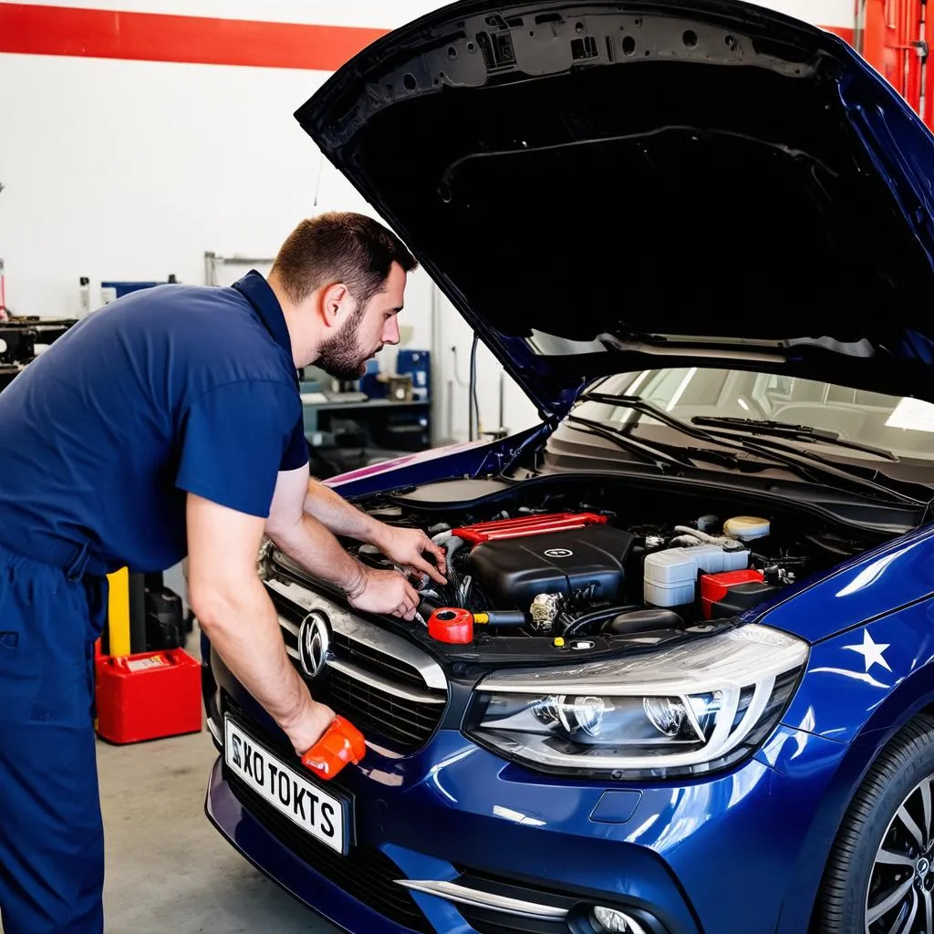 Mechanic working on a European car's engine