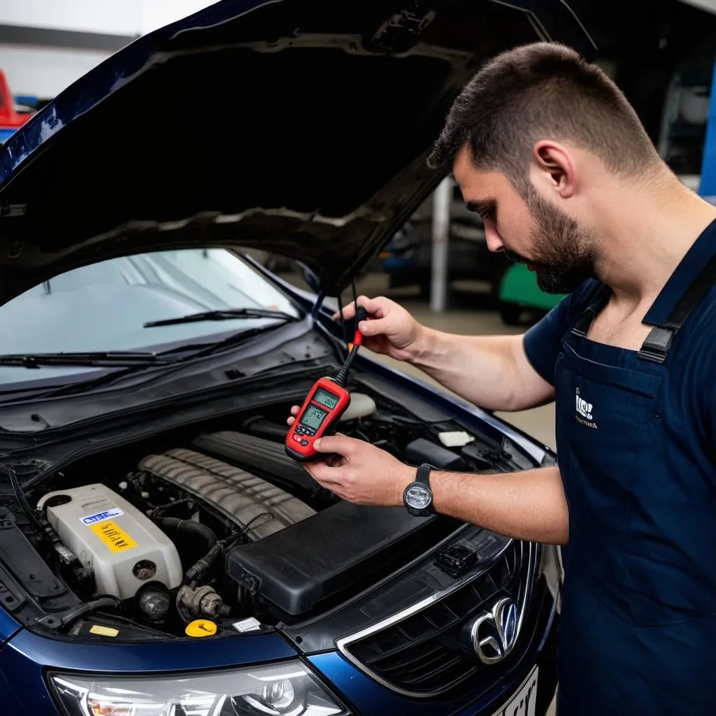 Mechanic diagnosing a car electrical system