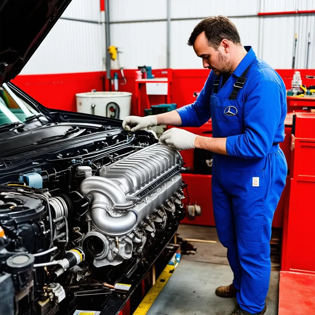 Mechanic repairing a Mercedes-Benz engine