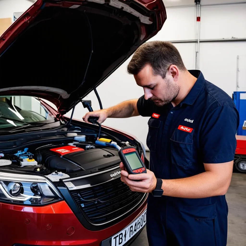 Mechanic using Autel scanner on European car