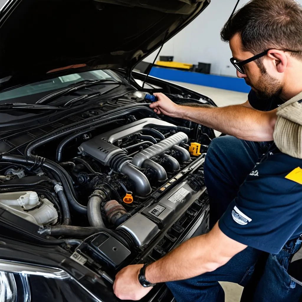 Mechanic Working on European Car Engine