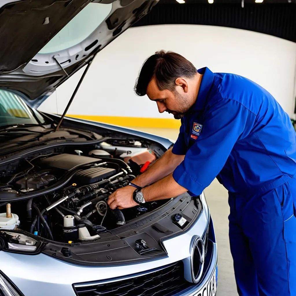 Mechanic Working on European Car Engine