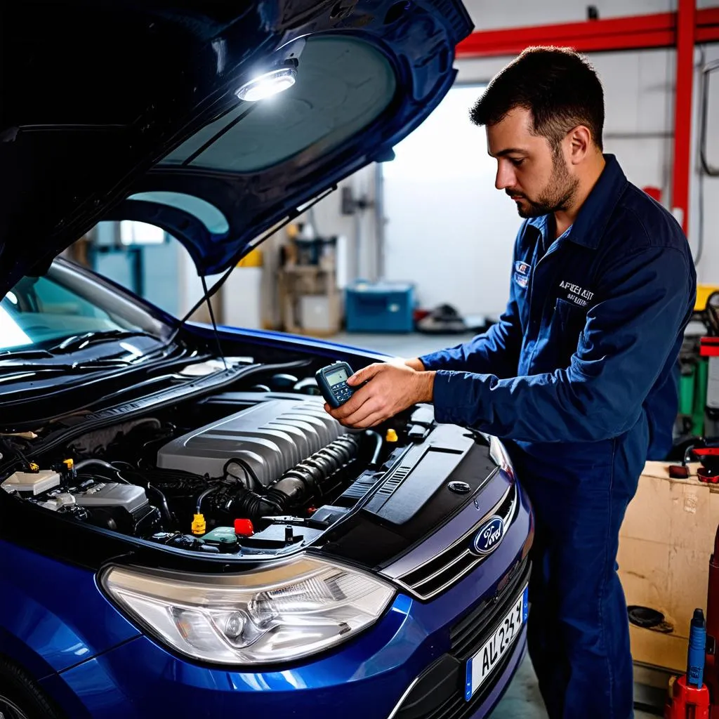 Mechanic working on a Ford engine