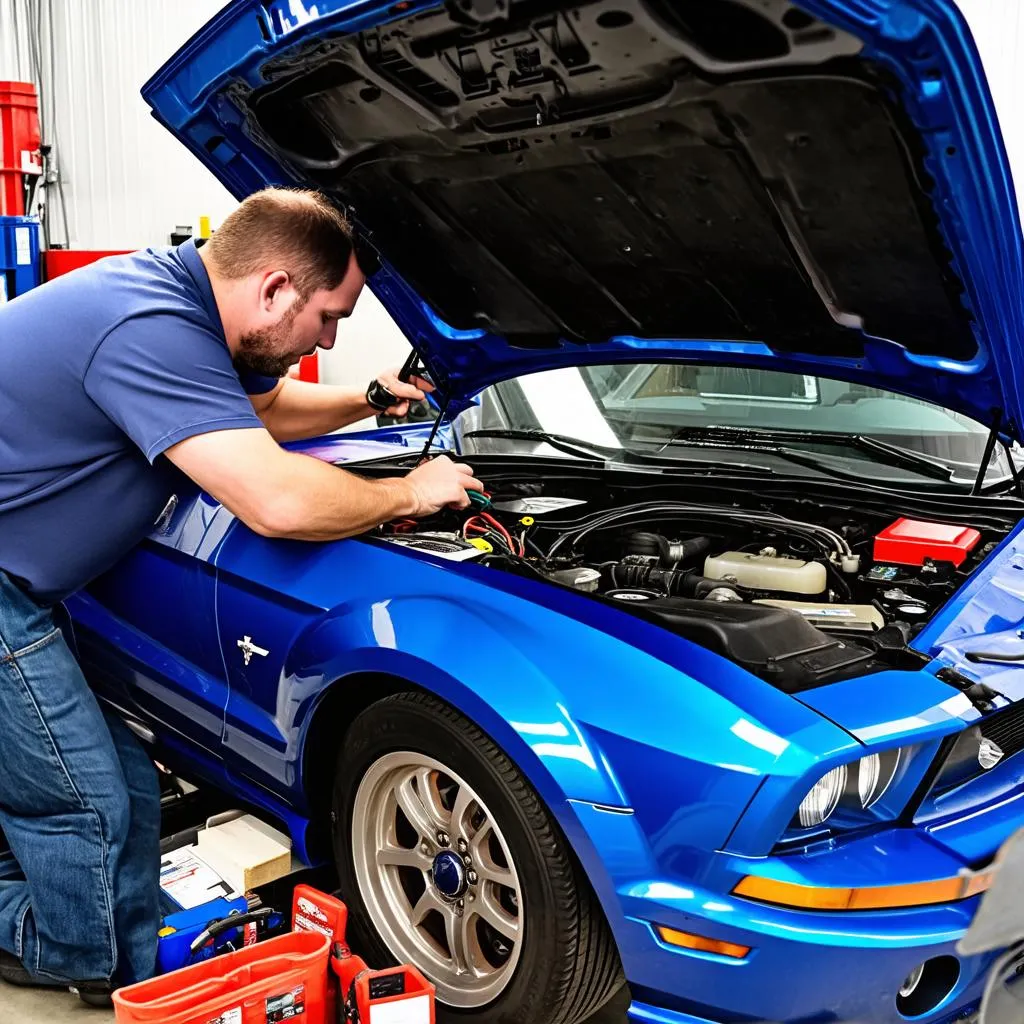 Mechanic Diagnosing Ford Mustang Electronics