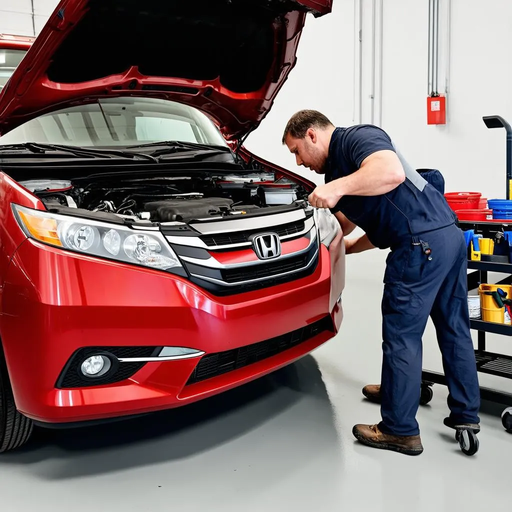 Mechanic working under the hood of a Honda Odyssey