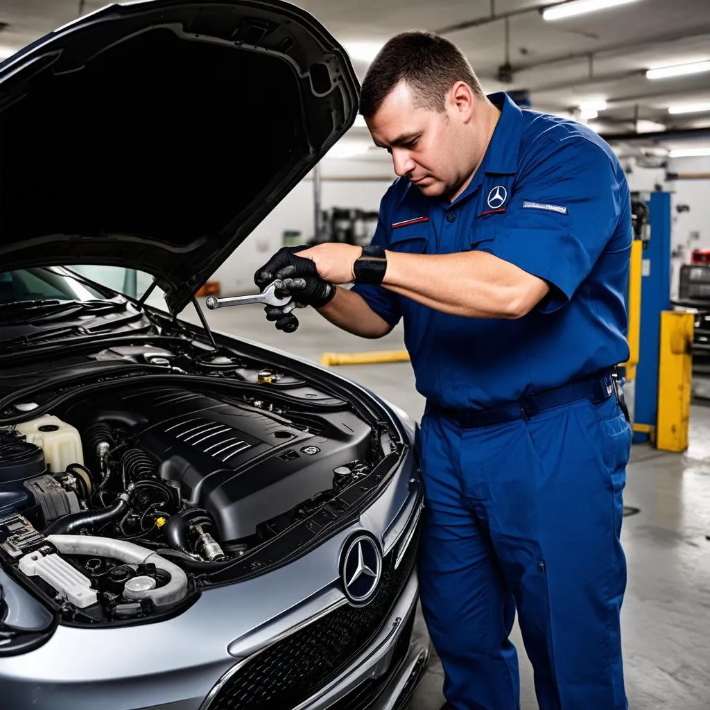 Mechanic Working on a Mercedes-Benz Engine