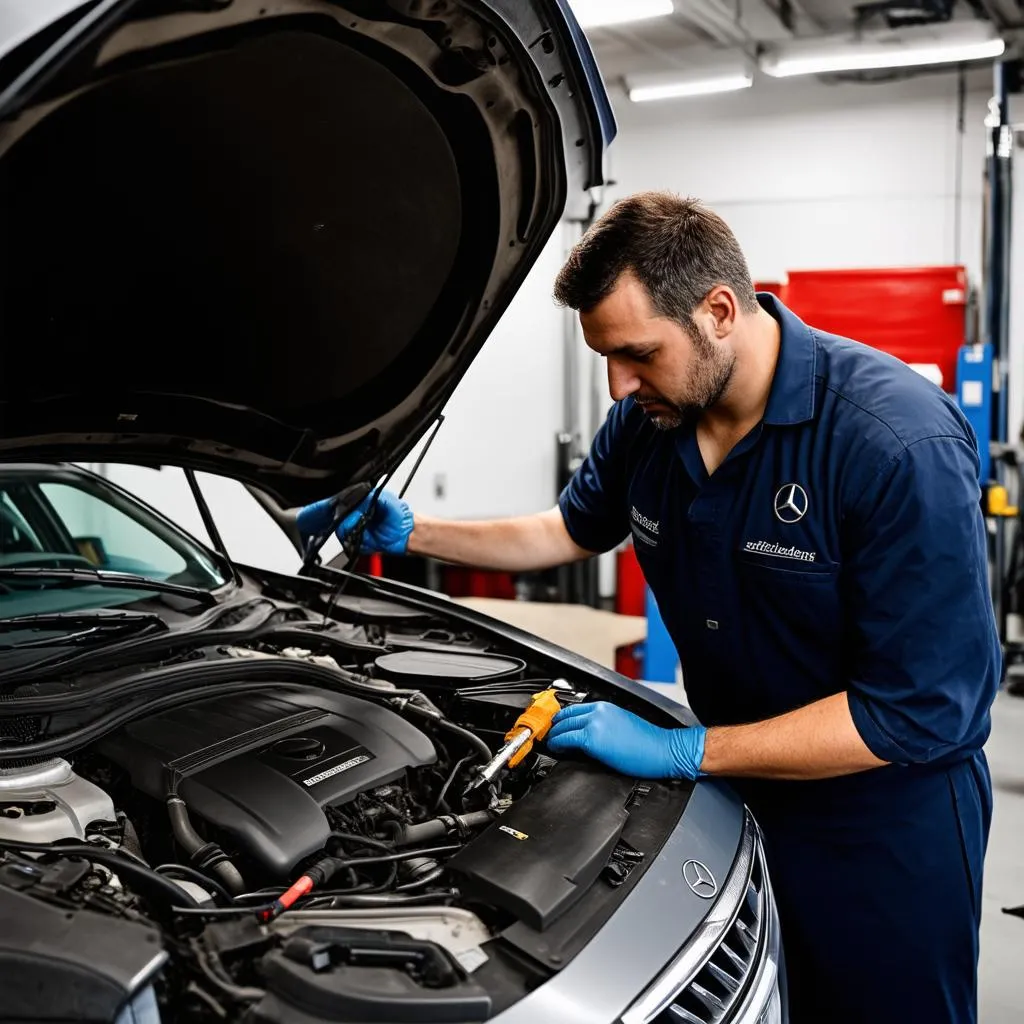 Mechanic Working on a Mercedes