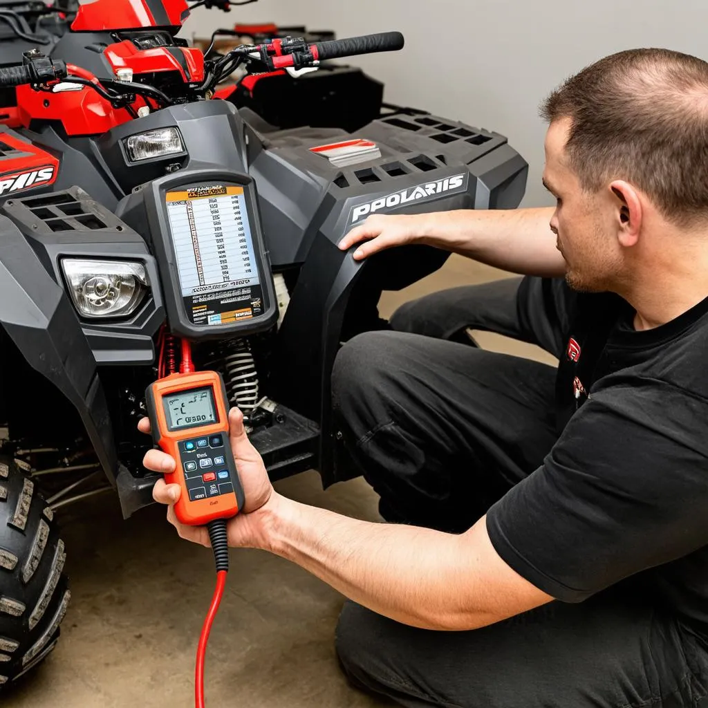 Mechanic diagnosing a Polaris ATV using a diagnostic tool