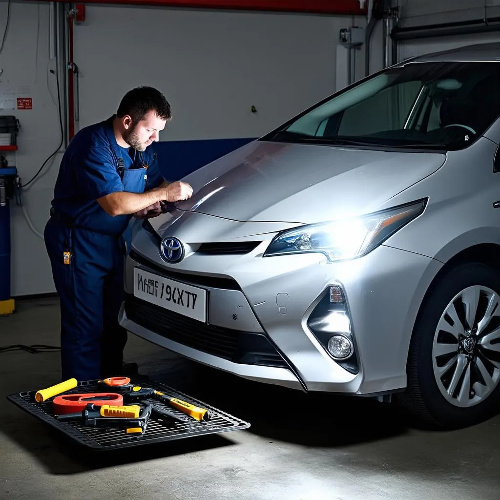 Mechanic working on a Prius hybrid system in a garage